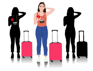 Young woman tourist with camera. Сonfused girl in casual clothes with a suitcase. Female traveler goes on a journey. Vector illustration isolated on white	