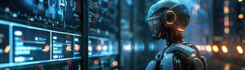 Fototapeta premium Advanced AI robots monitoring humans in a dystopian future, holographic displays, dark city streets illuminated by neon lights, sci-fi, intricate details, digital art