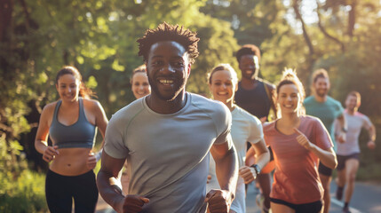A diverse group of people of varying ages jog together in a park, exuding joy and vitality. The scene is filled with lush greenery