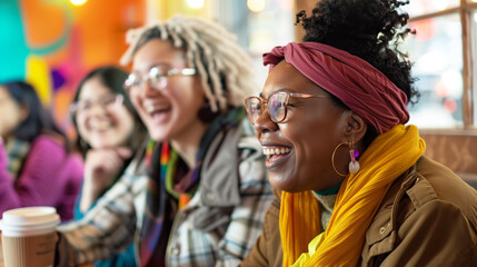 Fototapeta premium A diverse group of friends laughing and enjoying a conversation in a vibrant café. Two women in bright, African-inspired outfits, one wearing glasses, sit with two other women, one in a striped dress.