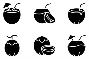 Coconut water cocktail drink vector icon set on white background