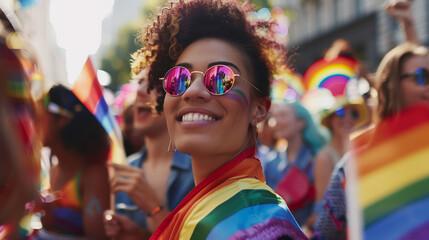 Obraz premium A joyful scene of a diverse group celebrating at a LGBTQ Pride parade, with vibrant flags 