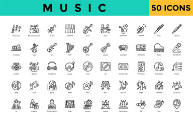 Music icon set with music note, musical instrument, guitar, keyboard, violin, drum, saxophone, trumpet, flute, clarinet icon. Simple line vector 
