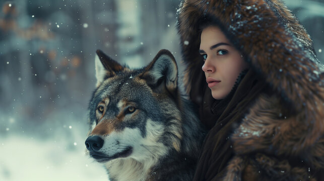 Northern European woman in a chic fur coat standing beside a noble wolf in a snowy forest