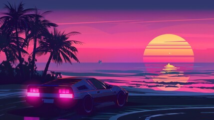Retro Sunset Drive with a Sport Car