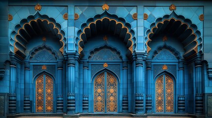 Obraz premium Ornate Blue and Gold Arched Doorways in Traditional Architectural Style
