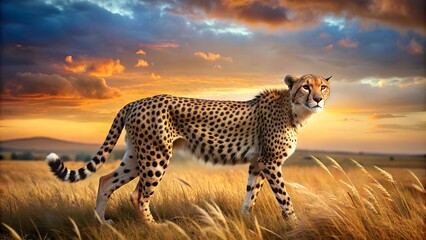 Cheetah prowling in the savanna at sunset with dramatic sky