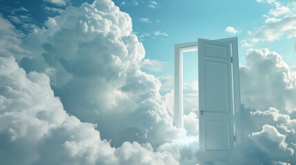A photograph of a door floating in the sky, with white clouds surrounding it, surreal and ethereal atmosphere