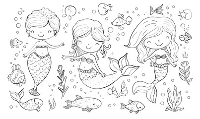 outline illustration mermaids