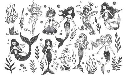 outline illustration mermaids