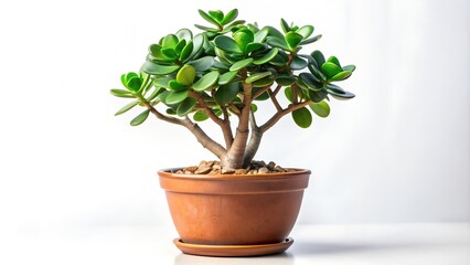 Obraz premium Jade plant growing in a clay pot on a white table