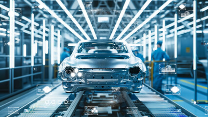 Innovative automotive production with global data visualization, high-tech equipment