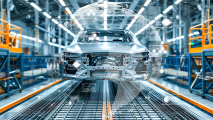 Innovative automotive production with global data visualization, high-tech equipment