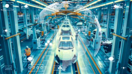 Innovative automotive production with global data visualization, high-tech equipment