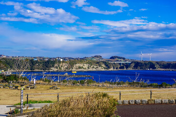 城ヶ島の磯を巡る黄色い遊覧船（神奈川県三浦市）