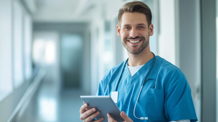 handsome surgeon doctor man in blue uniform holding digital tablet, posing for portrait in clinic hall, modern technology in medical job