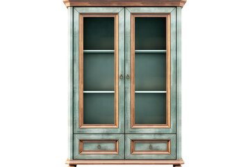 Obraz premium A Vintage Green Glass-Front Cabinet With Ornate Details on a Clear PNG or White Background.