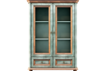 A Vintage Green Glass-Front Cabinet With Ornate Details on a Clear PNG or White Background.