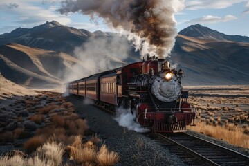 Fototapeta premium A historic steam-powered train travels through a vast, arid desert landscape with mountain range in the background, releasing thick steam into the daytime sky creating a majestic sight.