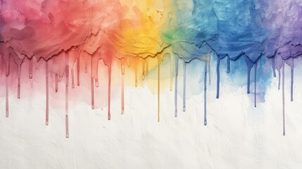 Fototapeta premium Vibrant watercolor painting with rainbow hues blending and dripping on a white background, creating an artistic and colorful abstract composition.
