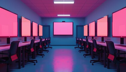 futuristic classroom through glitch art inspired 3D printing Incorporate distorted perspectives, neon colors, and digital anomalies to visually captivating and unique representat