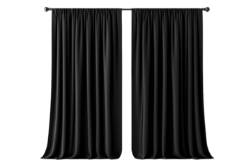 A Pair of Black Velvet Curtains Draped Elegantly Against a White Background on a Clear PNG or White Background.