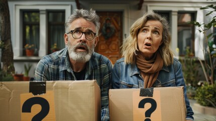 urban setting with a large, luxurious house on the left side and a bewildered middle-aged couple in their 50s on the right. They are surrounded by moving boxes with question marks