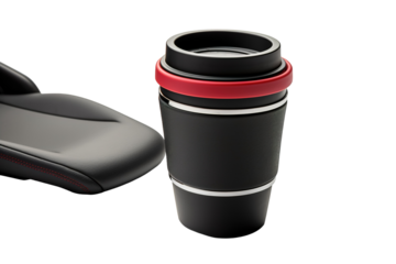 A Sleek Black Coffee Cup With a Red Rim Sits Atop a Black Leather Seat on a Clear PNG or White Background.