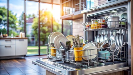 Open dishwasher containing clean dishes in modern kitchen
