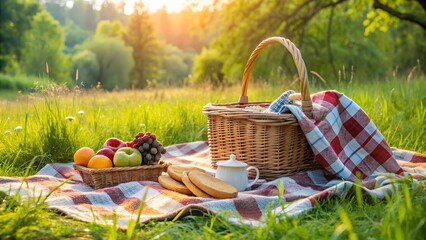 Wicker picnic basket resting on plaid blanket with fruit basket and cookies in a sunny meadow
