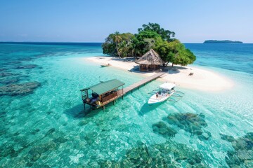 A breathtaking view of a scenic island surrounded by turquoise waters, featuring a small pier with boats, a hut, and lush green vegetation under a clear sky.