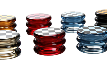 Stacked Checkerboard Glass Pieces in Playful Arrangement on a Clear PNG or White Background.