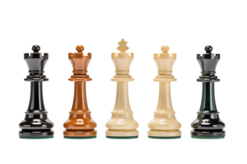 Five Chess Queens Aligned In A Row, Ready For Strategic Battle on a Clear PNG or White Background.