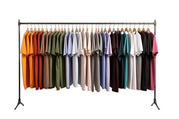 A Rainbow of T-shirts Hanging on a Clothing Rack in a Studio on a Clear PNG or White Background.