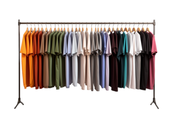 A Rainbow of T-shirts Hanging on a Clothing Rack in a Studio on a Clear PNG or White Background.