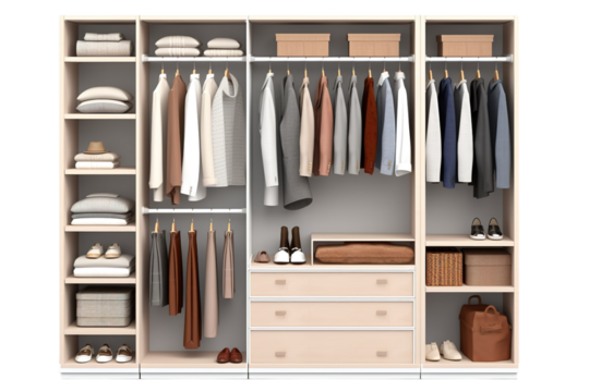 A Well-Organized Walk-in Closet With Clothes, Shoes, and Accessories on a Clear PNG or White Background.