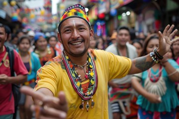 A festive scene depicting a colorful celebration with people dressed in vibrant traditional attire, engaging in various lively activities on a crowded street.