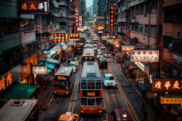 A bustling city street scene at night, illuminated with glowing neon signs and filled with multiple trams, capturing the vibrant and lively atmosphere of urban life.