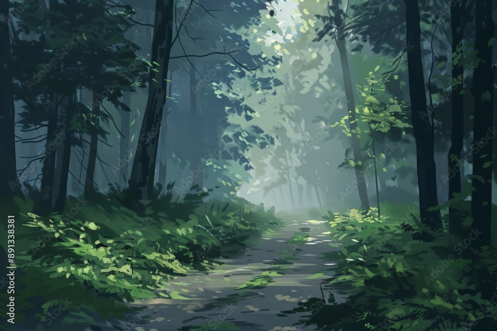 Poster a beautiful image of a sunlit forest pathway enveloped in lush greenery and misty light, capturing t