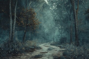 Fototapeta premium An enchanting image of a mysterious forest with autumn colors, dense foliage, and a path leading into the unknown, evoking a sense of adventure and curiosity.