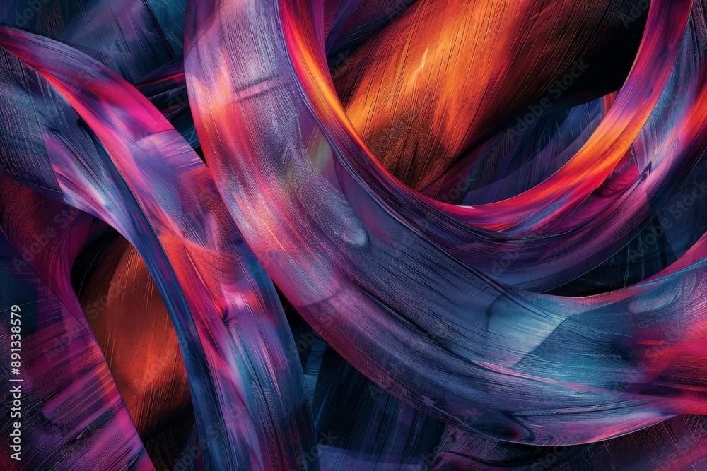 Poster This image features vibrant abstract ribbons in blue and red hues, intertwining gracefully to create a dynamic visual composition with a modern artistic style.