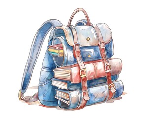 Cartoon style watercolor backpack with books, stationery, white background, back to education concept, copy space.