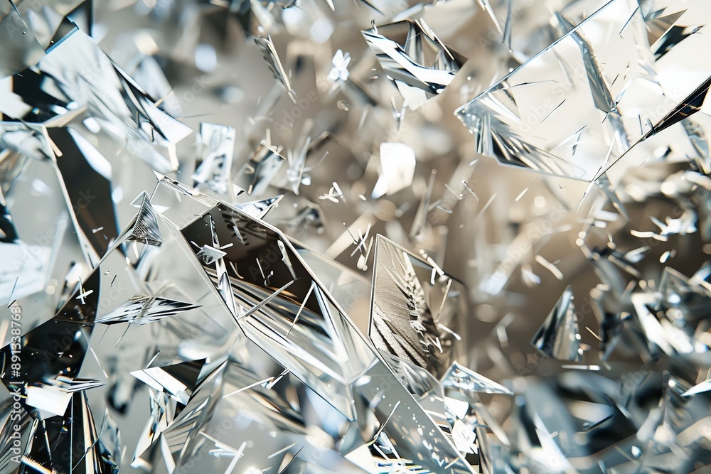 Aufkleber A stunning close-up view of shattered glass pieces in motion, displaying an array of light reflections and intricate details, creating a captivating abstract visual.
