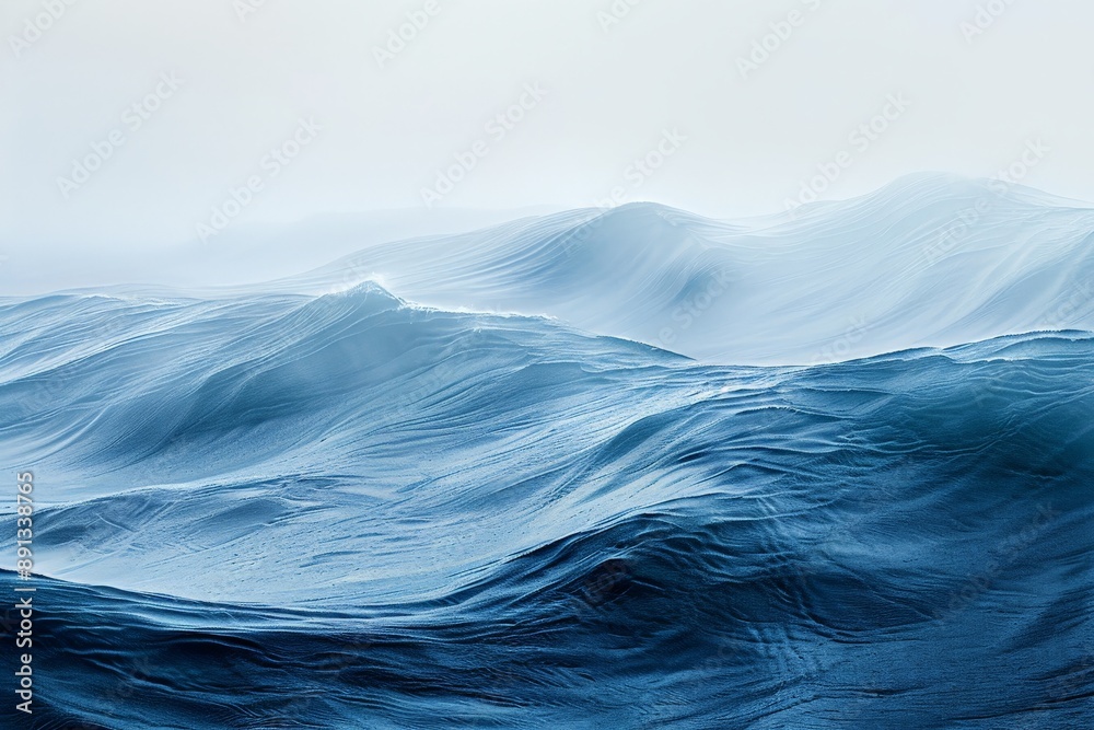 Poster Serene and minimalistic, this abstract ocean scene conveys a sense of calm and vastness with smooth, rolling waves artistically rendered in various blue hues.