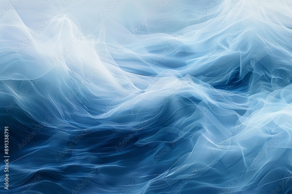 Poster An abstract representation of ocean waves with a fluid and translucent quality, creating a dreamlike and ethereal visual effect in varying shades of blue and white.