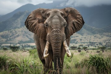 Fototapeta premium An elephant facing the camera with its majestic tusks and a picturesque mountain backdrop. The scene captures the essence of wilderness and the elephant's powerful presence.