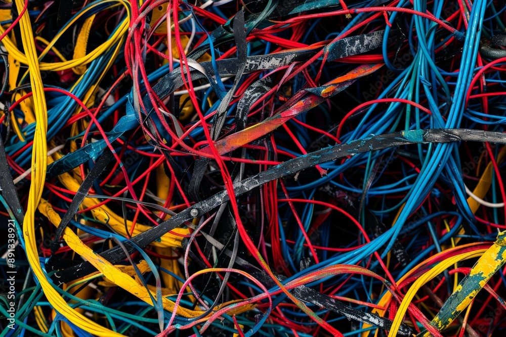 Aufkleber An abstract image featuring a chaotic tangle of colorful wires, creating a vibrant and energetic composition that captures the complexity and disorder of modern technology.