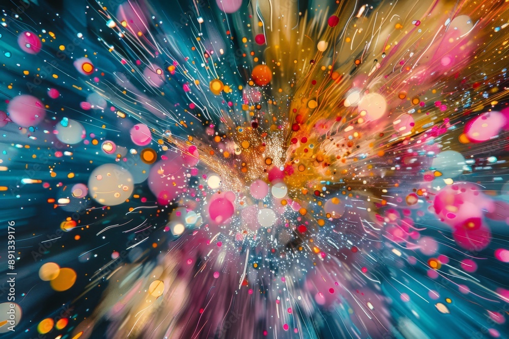 Aufkleber An abstract image capturing a colorful particle explosion in a dynamic light burst, resembling a cosmic display with vibrant hues of yellow, blue, pink, and orange.