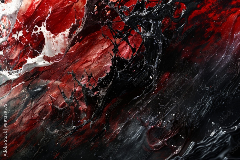 Fototapete This image showcases a powerful mix of vivid red and black swirls, splashes, and fluid patterns creating a dynamic and intense visual experience for the viewer.