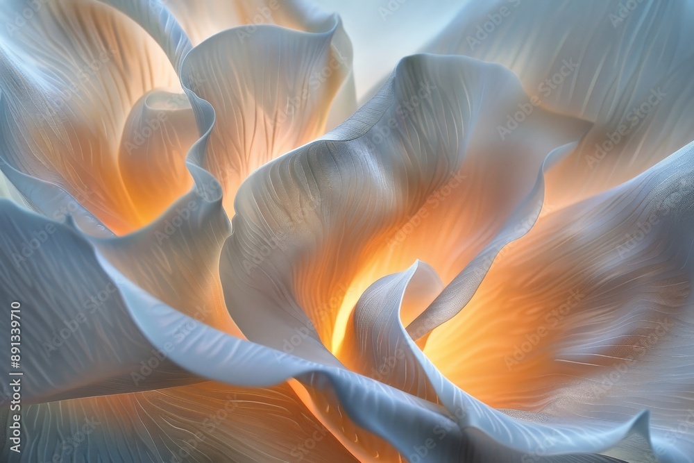 Poster A delicate close-up image of a flower petal with a glowing light inside, highlighting the soft texture and beautiful hues of the petals and creating a warm atmosphere.